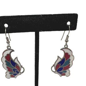 Cloisonne Earrings Butterfly Moth Wire Pierced Enamel Silver Tone‎ Angel Wings